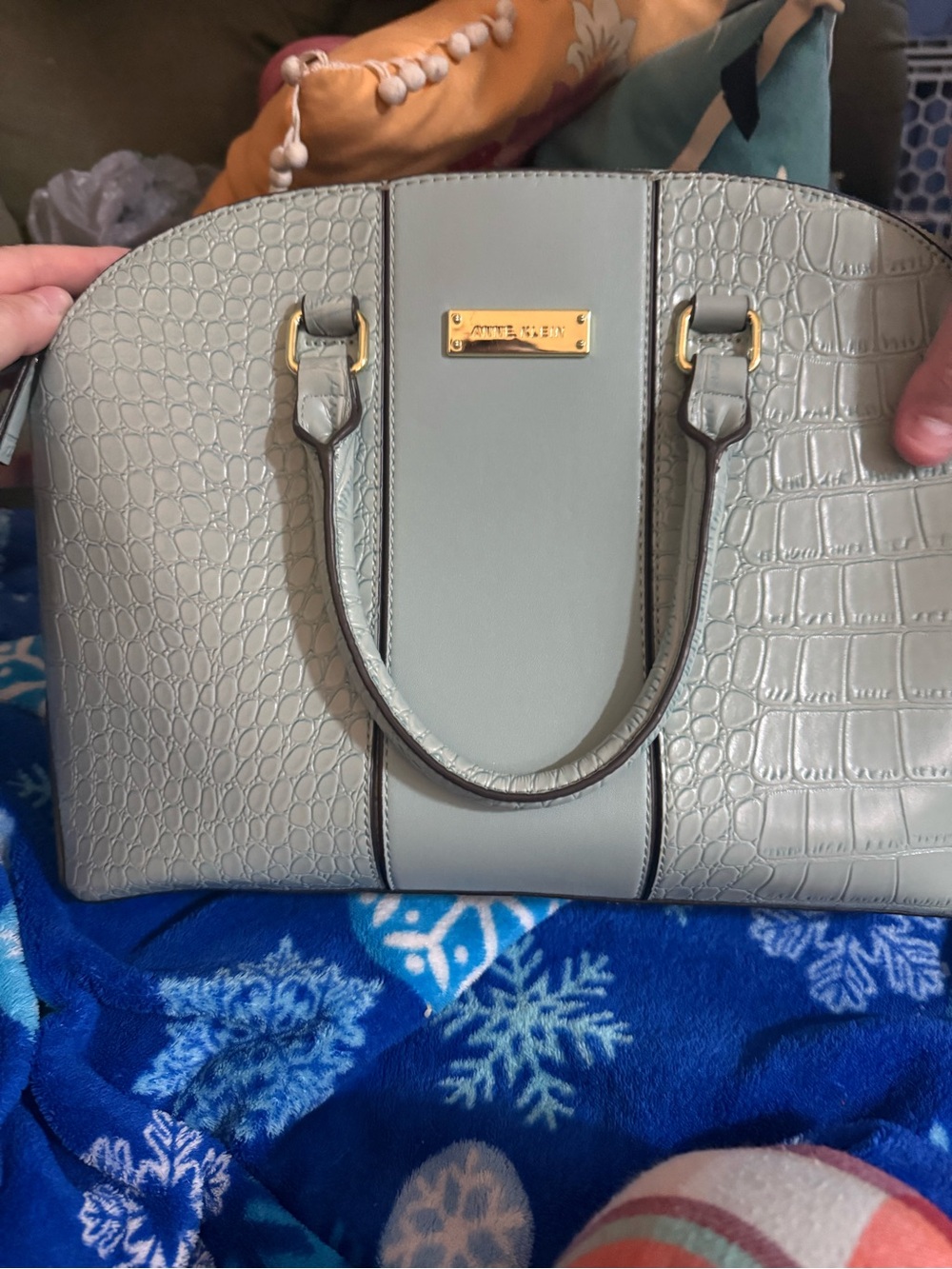 Anne Klein Light Gray Croc-Embossed Satchel with Gold Hardware